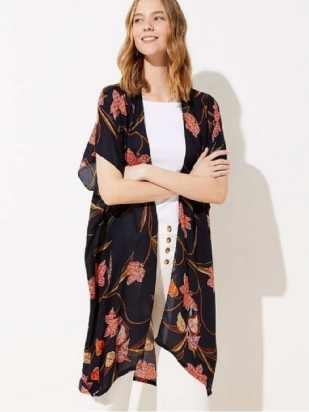 LOFT Black Kimono Tunic with Gold and Orange Leaf Print XS Fits M/L